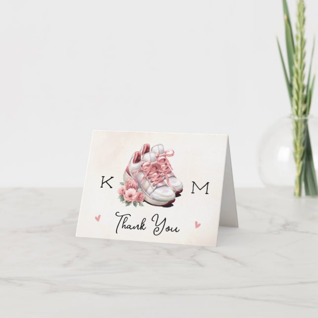 Monogram Pink Sneaker Floral Foto Brautparty Dankeskarte (Vorderseite)
