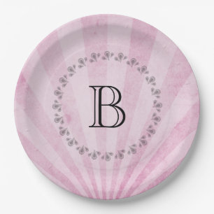Monogram Pink Sunray Shabby Texture Pappteller