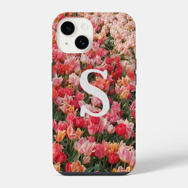 Monogram Pink Tulip Blume iPhone Case 14 Hülle (Rückseite)