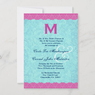 Monogram, Pink und Aqua Lace Wedding F585 Einladung