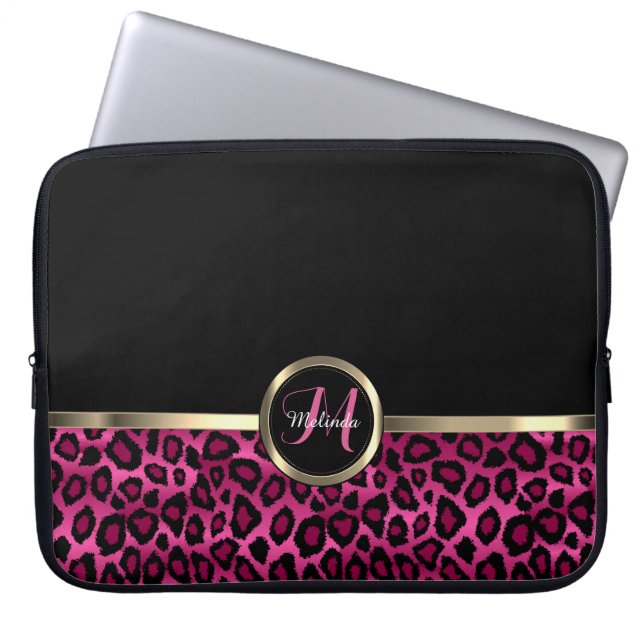 Monogram Pink und Black Leopard mit Gold Akzenten Laptopschutzhülle (Vorderseite)