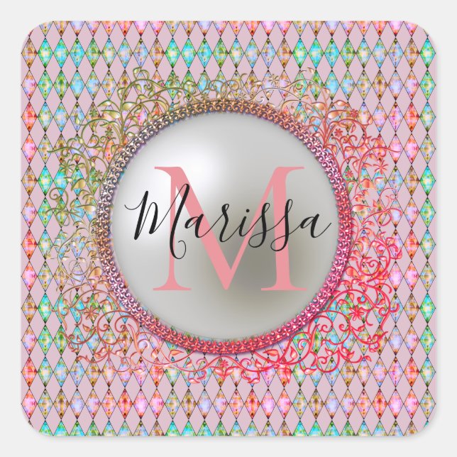 Monogram Pink und Green Harlequin Quadratischer Aufkleber (Vorderseite)