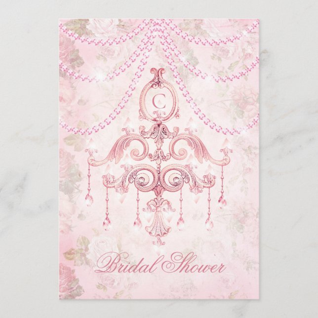 Monogram Pink Vintag Chandelier Brautparty Einladung (Vorderseite)
