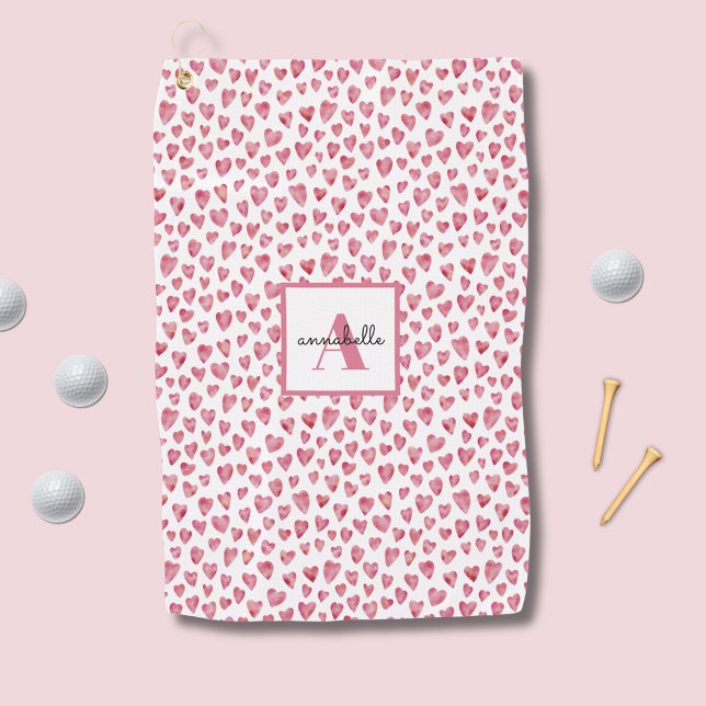 Monogram Pink Watercolor Herzmuster Golfhandtuch (Pink watercolor love heart personalized golf towel)