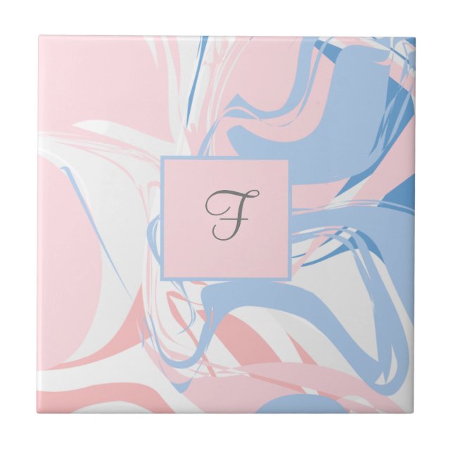 Monogram Pink White Blue Marble Swirl Abstrakt Fliese (Vorderseite)