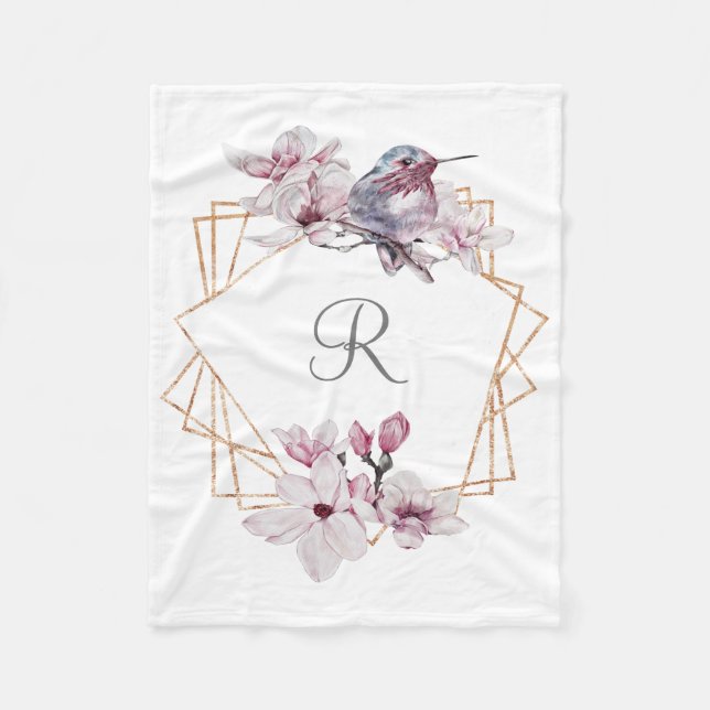 Monogram Pink White Magnolias Bird Gold Frame Fleecedecke (Vorderseite)
