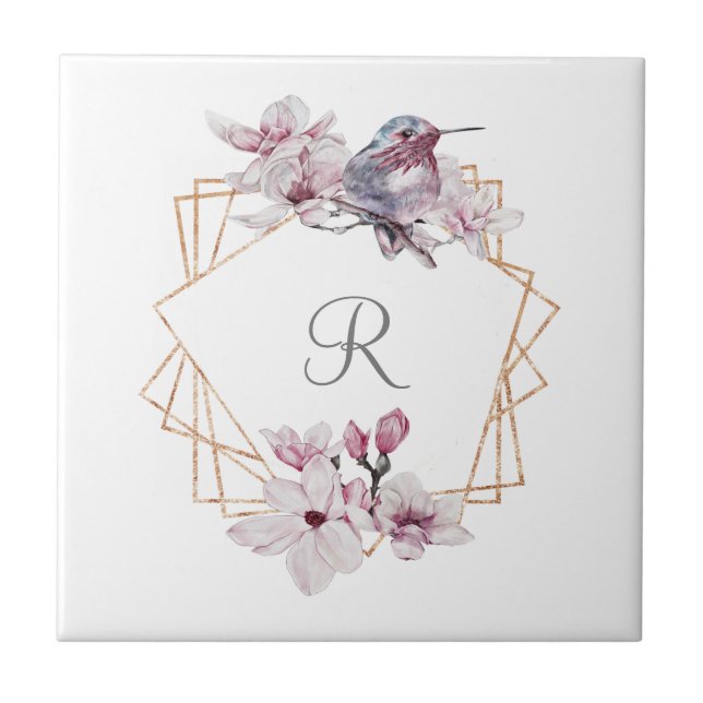 Monogram Pink White Magnolias Bird Gold Frame Fliese (Vorderseite)