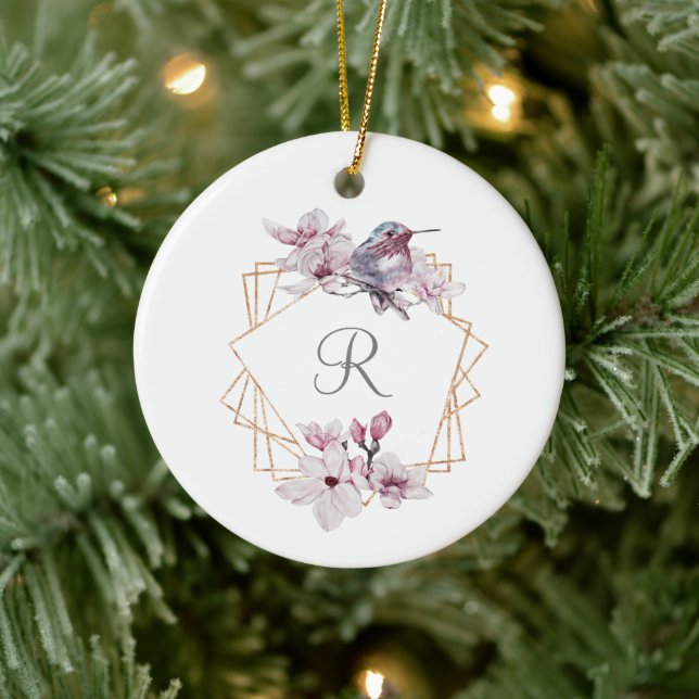 Monogram Pink White Magnolias Bird Gold Frame Keramik Ornament (Baum)