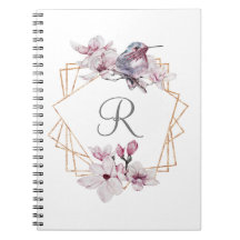 Monogram Pink White Magnolias Bird Gold Frame