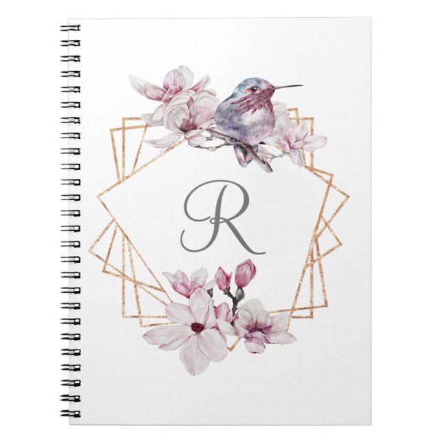 Monogram Pink White Magnolias Bird Gold Frame Notizblock (Vorderseite)