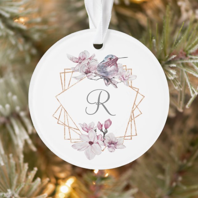 Monogram Pink White Magnolias Bird Gold Frame Ornament (Baum)