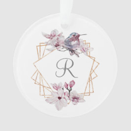 Monogram Pink White Magnolias Bird Gold Frame Ornament