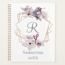 Monogram Pink White Magnolias Bird Gold Frame
