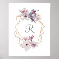 Monogram Pink White Magnolias Bird Gold Frame