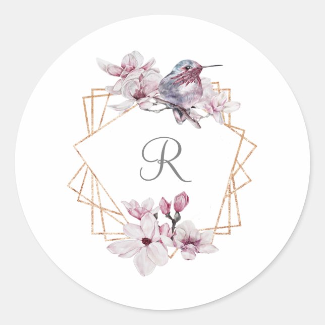 Monogram Pink White Magnolias Bird Gold Frame Runder Aufkleber (Vorderseite)