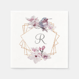 Monogram Pink White Magnolias Bird Gold Frame Serviette