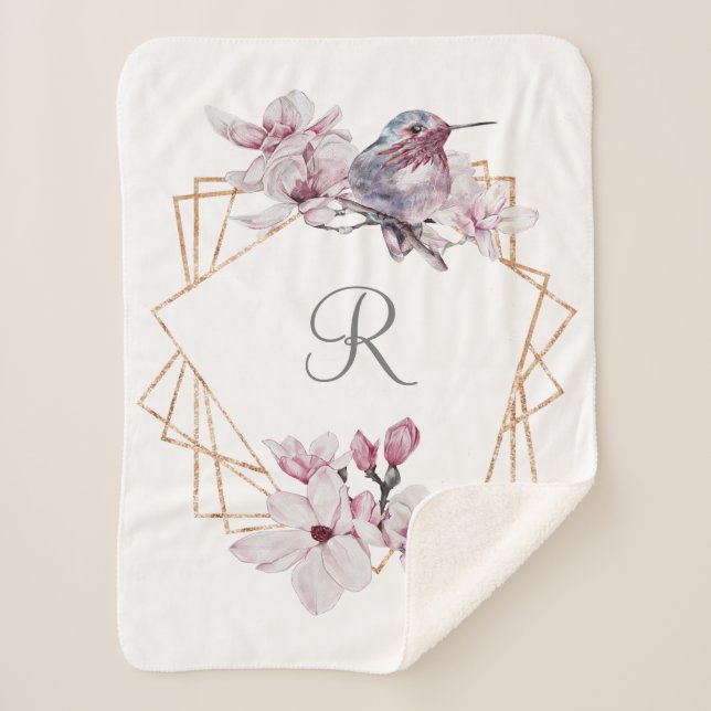 Monogram Pink White Magnolias Bird Gold Frame Sherpadecke (Vorderseite)