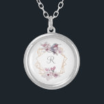 Monogram Pink White Magnolias Bird Gold Frame Versilberte Kette<br><div class="desc">Die eleganten,  rosa,  weiß und grau goldfarbenen Rahmen mit magnolischer Halskette mit Ihrem ersten Moment personalisieren. Elegant und hübsch.</div>