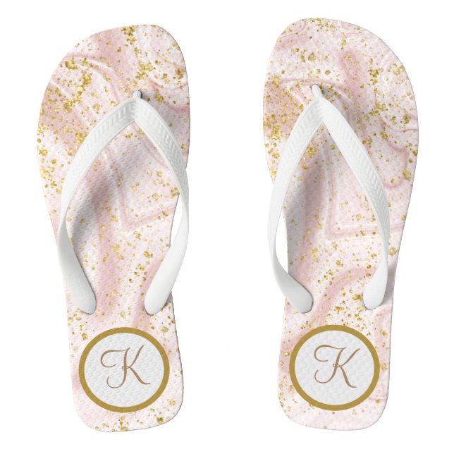 Monogram Pink White Marble Swirl Gold Glitzer Flip Flops (Fußbett)