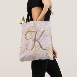 Monogram Pink White Marble Swirl Gold Glitzer Tasche