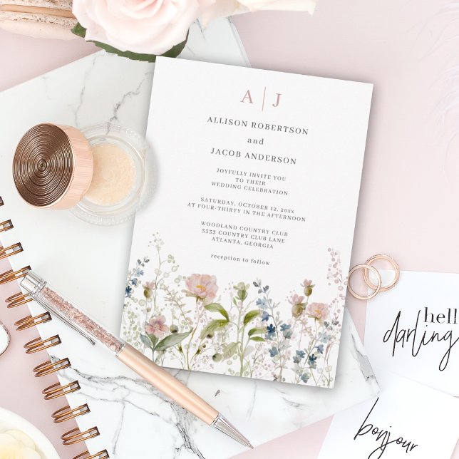 Monogram Pink Wildblume Floral Wedding Einladung (Von Creator hochgeladen)