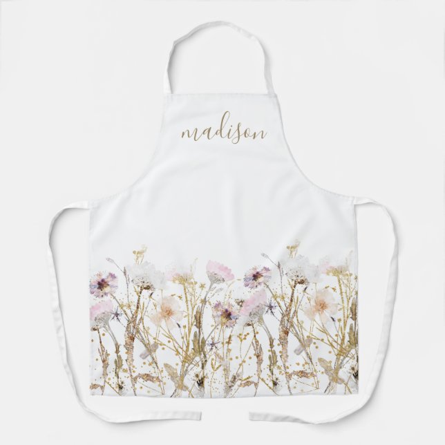 Monogram Pink Wildblume Gold Glitzer Schürze (Vorderseite)