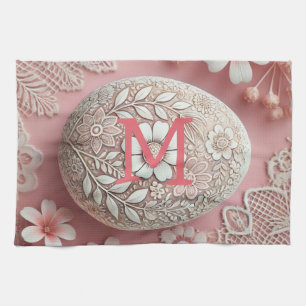 Monogram, pinkfarbenes weißes blühendes Osterei Geschirrtuch