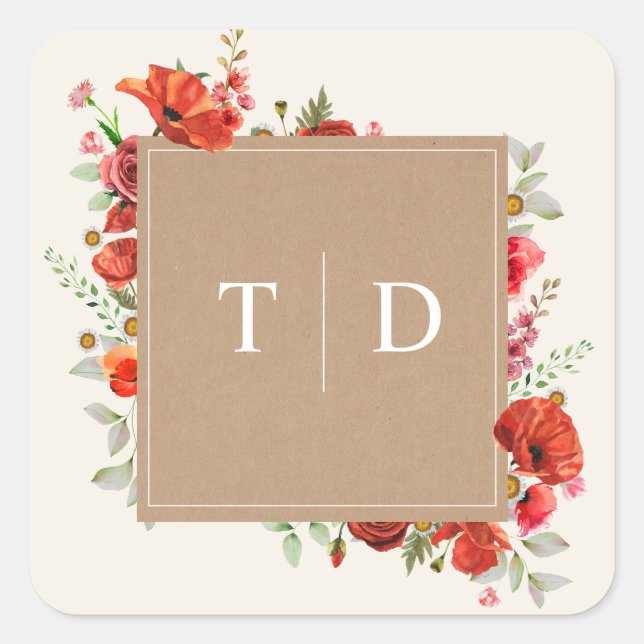 Monogram Poppy Wildblume Cardstock WedelSquar Quadratischer Aufkleber (Vorderseite)