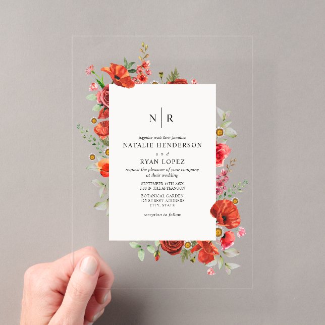 Monogram Poppy Wildblume Floral Wedding Acryleinladungen (Insitu (Handheld))