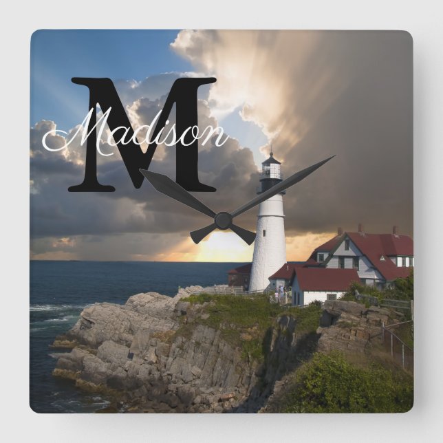 Monogram Portland Head Lighthouse Maine Foto Name Quadratische Wanduhr (Vorderseite)
