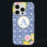 Monogram Positano Lemons Blue White Case-Mate iPhone Hülle<br><div class="desc">Handgemalte Zitronen,  die mit rosa Aquarellfarben-Blume auf einem Vintagen,  blau-weiß gefliesten Hintergrund hervorgehoben sind.</div>