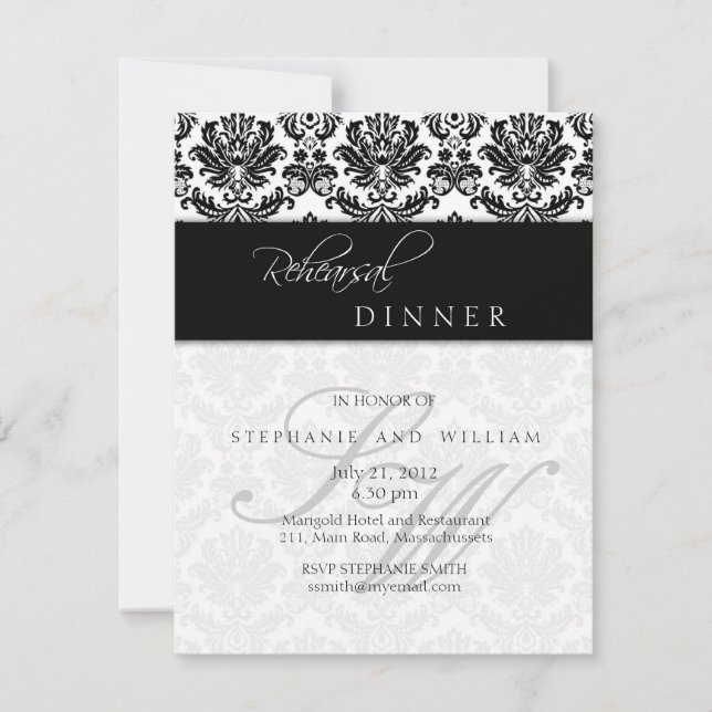 Monogram Probe Dinner Card Black Damask Einladung (Vorderseite)