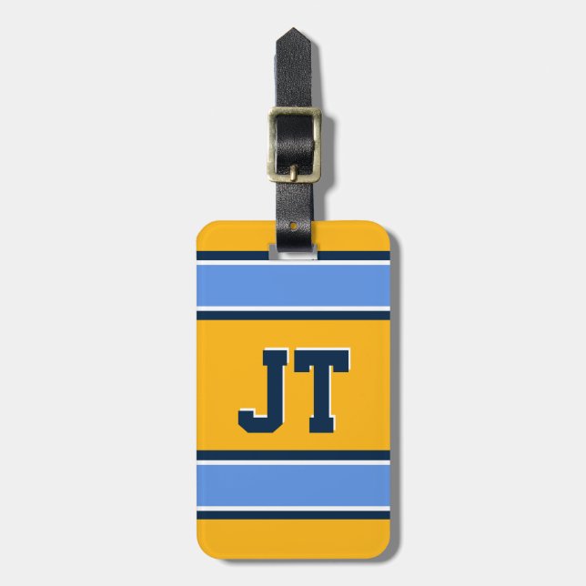 Monogram Pulver Blue and Gold Sports Stripes Gepäckanhänger (Vorderseite vertikal)
