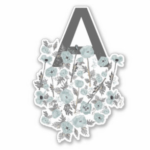 Monogram Puppies Grau Blau Schwarze Aquarellblume Aufkleber