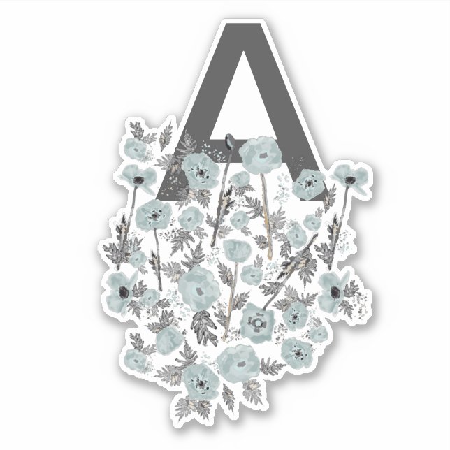 Monogram Puppies Grau Blau Schwarze Aquarellblume Aufkleber (Vorderseite)