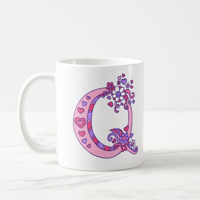 Monogram Q Herz und Blume rosa lila Tasse (Links)