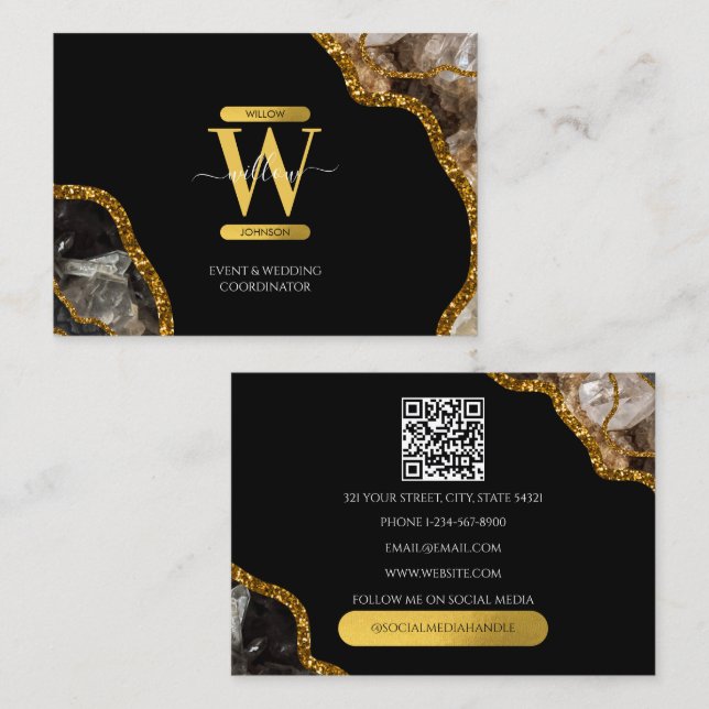 Monogram QR-Code des Black Gold Agate Geode Glitze Visitenkarte (Vorne/Hinten)