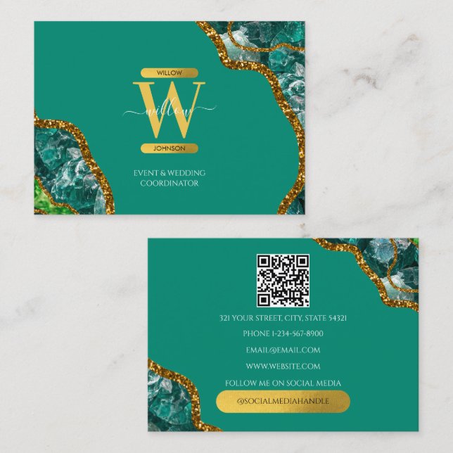 Monogram QR-Code des Green Gold Agate Geode Glitze Visitenkarte (Vorne/Hinten)