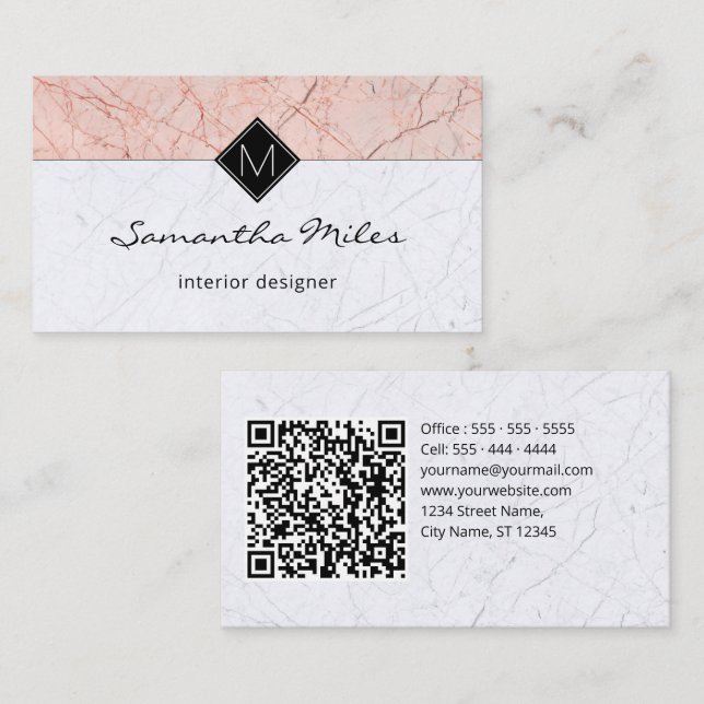 Monogram QR Code Elegante Rose Gray Marble Visitenkarte (Vorne/Hinten)