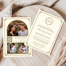 Monogram QR Code Foto Collage Cream Gold Wedding
