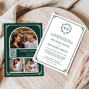 Monogram QR Code Foto Collage Emerald Wedding Einladung