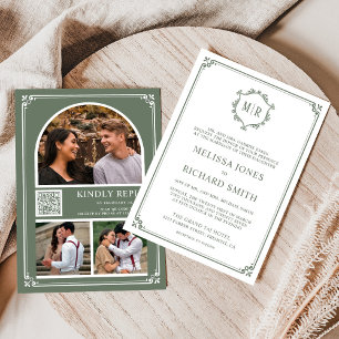 Monogram QR Code Foto Collage Sage Green Wedding Einladung