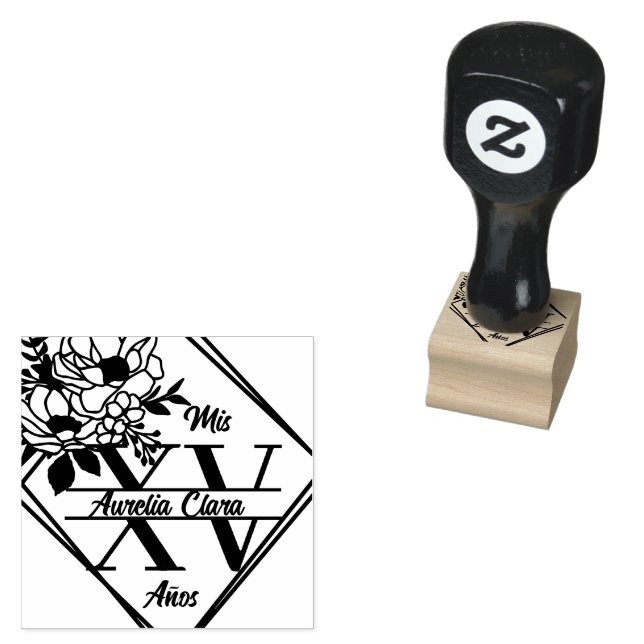 Monogram Quinceanera Mis XV 15 Geometric Floral Gummistempel (Stempel)