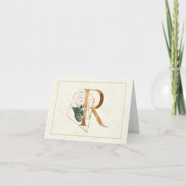 Monogram R Floral Note Card Gold Karte (Vorderseite)