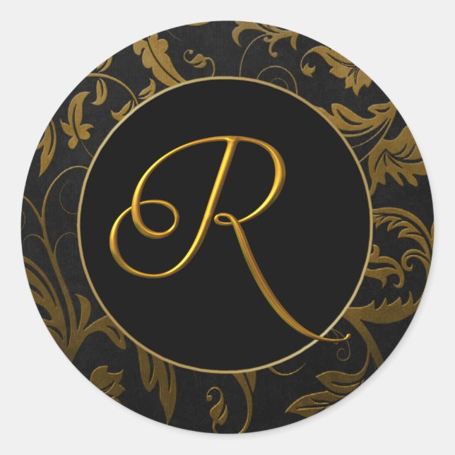 Monogram R Gold and Black Damask Wedding Siegel Runder Aufkleber (Vorderseite)