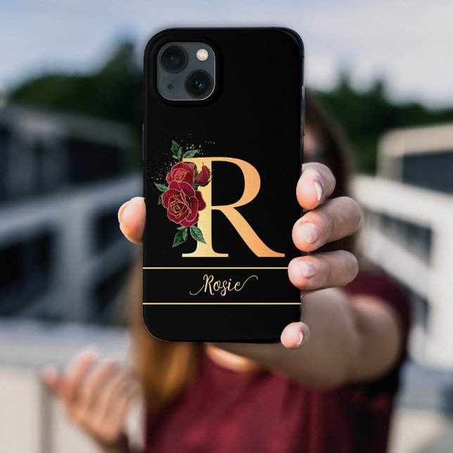 Monogram R golden individuelle Name rote Rose schw Case-Mate iPhone Hülle (Von Creator hochgeladen)