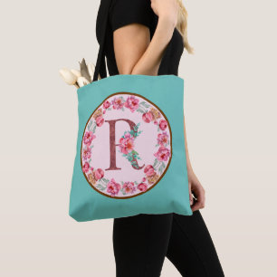 Monogram R Letter with Peony Blume Image Toag Tasche