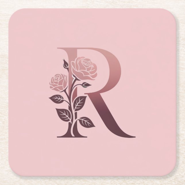 Monogram R Pink Roses Untersetzer Set (Vorderseite)