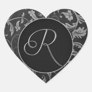 Monogram R Silver and Black Damask Wedding Siegel Herz-Aufkleber