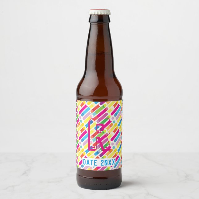 Monogram Rainbow Diagonal Lines Muster Pop Art Bierflaschenetikett (Vorderseite)